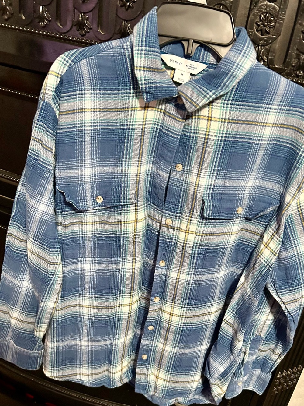 Old Navy Blue and White Plaid Women’s  Button-Down Shirt “The boyfriend shirt”